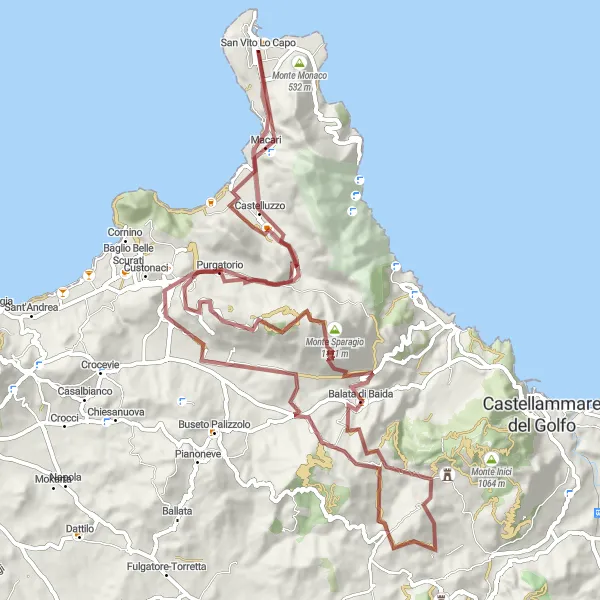 Miniatura della mappa di ispirazione al ciclismo "Avventuroso giro in bicicletta da San Vito Lo Capo a Monte Sparagio" nella regione di Sicilia, Italy. Generata da Tarmacs.app, pianificatore di rotte ciclistiche