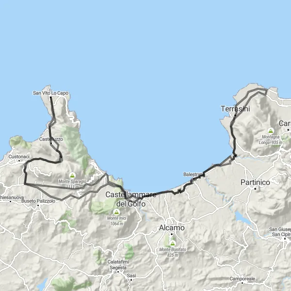 Map miniature of "Monte Comuni Challenge" cycling inspiration in Sicilia, Italy. Generated by Tarmacs.app cycling route planner