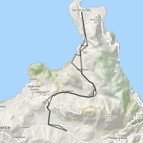 Miniatura della mappa di ispirazione al ciclismo "Giro in bicicletta da San Vito Lo Capo a Macari" nella regione di Sicilia, Italy. Generata da Tarmacs.app, pianificatore di rotte ciclistiche