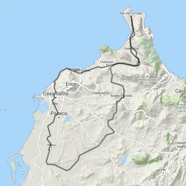 Map miniature of "The Trapani Circuit" cycling inspiration in Sicilia, Italy. Generated by Tarmacs.app cycling route planner