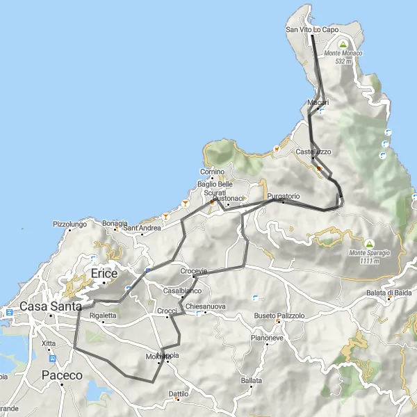 Map miniature of "Northwest Coastal Ride" cycling inspiration in Sicilia, Italy. Generated by Tarmacs.app cycling route planner