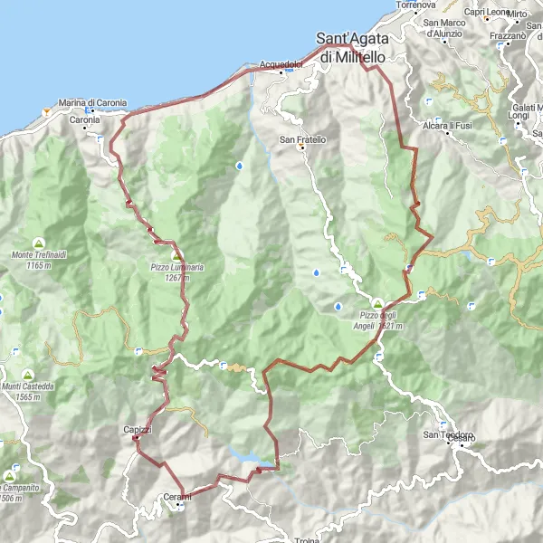 Miniatura della mappa di ispirazione al ciclismo "Giro in bici gravel tra Rocca Giarello e Acquedolci" nella regione di Sicilia, Italy. Generata da Tarmacs.app, pianificatore di rotte ciclistiche