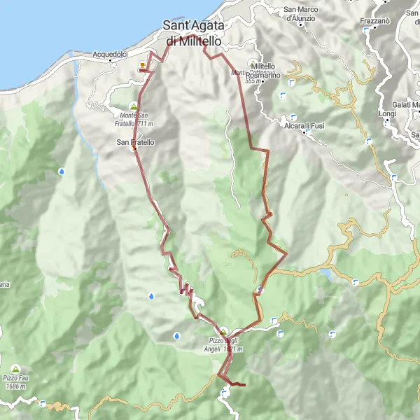 Miniatura della mappa di ispirazione al ciclismo "Tour gravel tra Rocca Giarello e Monte San Fratello" nella regione di Sicilia, Italy. Generata da Tarmacs.app, pianificatore di rotte ciclistiche
