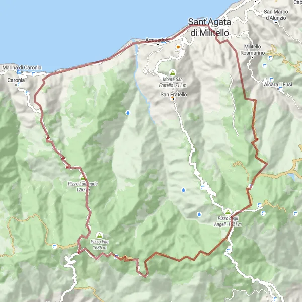 Miniatura della mappa di ispirazione al ciclismo "Dalla Costa al Montemale: Avventura Gravel" nella regione di Sicilia, Italy. Generata da Tarmacs.app, pianificatore di rotte ciclistiche