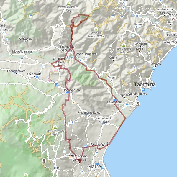 Miniatura della mappa di ispirazione al ciclismo "Giro in mountain bike da Sant'Alfio" nella regione di Sicilia, Italy. Generata da Tarmacs.app, pianificatore di rotte ciclistiche