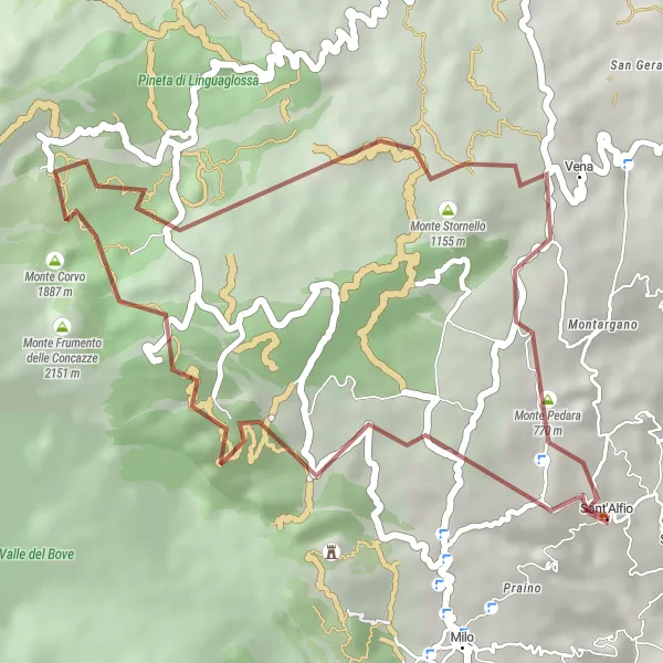 Miniatura della mappa di ispirazione al ciclismo "Esplorazione in gravel intorno a Sant'Alfio" nella regione di Sicilia, Italy. Generata da Tarmacs.app, pianificatore di rotte ciclistiche