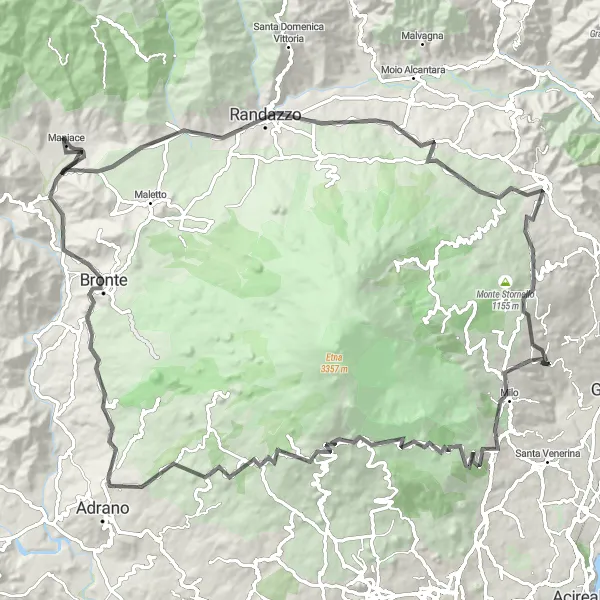 Miniatura della mappa di ispirazione al ciclismo "Sfida in bici da Zafferana Etnea a Sant'Alfio" nella regione di Sicilia, Italy. Generata da Tarmacs.app, pianificatore di rotte ciclistiche