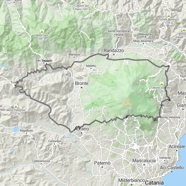 Miniatura della mappa di ispirazione al ciclismo "Avventura ciclistica tra Zafferana Etnea e Sant'Alfio" nella regione di Sicilia, Italy. Generata da Tarmacs.app, pianificatore di rotte ciclistiche