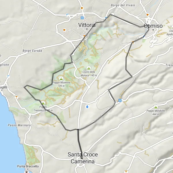 Miniatura della mappa di ispirazione al ciclismo "Giro in bicicletta da Santa Croce Camerina" nella regione di Sicilia, Italy. Generata da Tarmacs.app, pianificatore di rotte ciclistiche