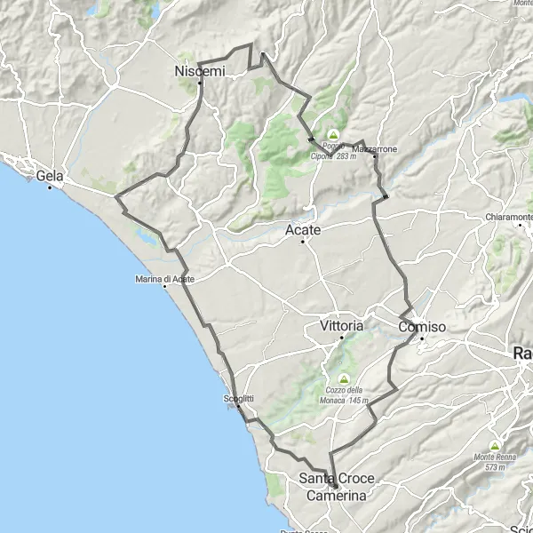 Miniatura della mappa di ispirazione al ciclismo "Tour ciclistico in Sicilia" nella regione di Sicilia, Italy. Generata da Tarmacs.app, pianificatore di rotte ciclistiche