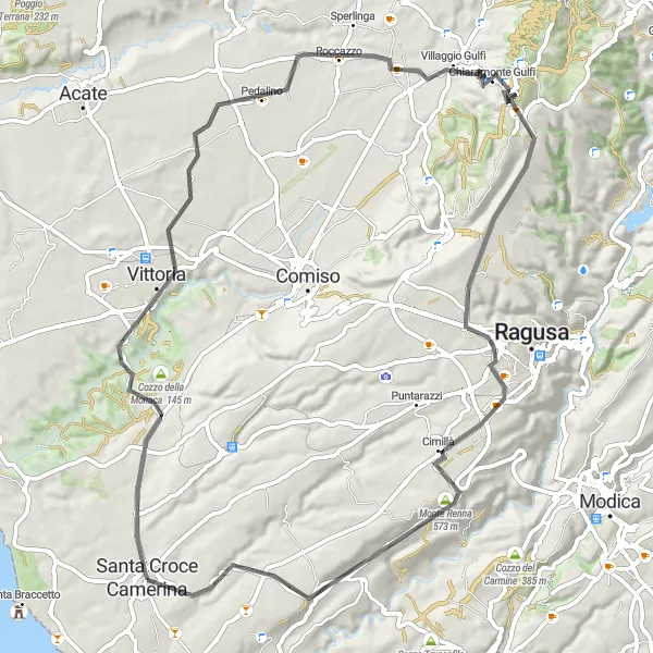 Miniatura della mappa di ispirazione al ciclismo "Itinerario ciclistico su strada attraverso Vittoria e Chiaramonte Gulfi" nella regione di Sicilia, Italy. Generata da Tarmacs.app, pianificatore di rotte ciclistiche