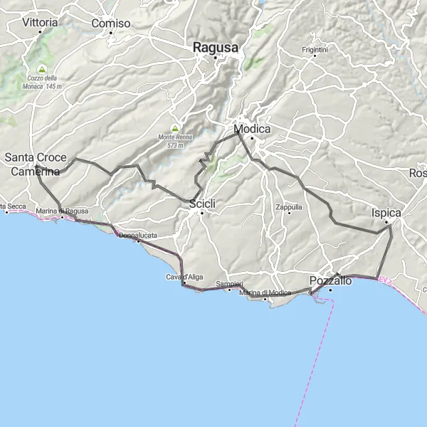 Map miniature of "Conquer the Peaks: Cozzo Truncafila to Torre Cabrera" cycling inspiration in Sicilia, Italy. Generated by Tarmacs.app cycling route planner