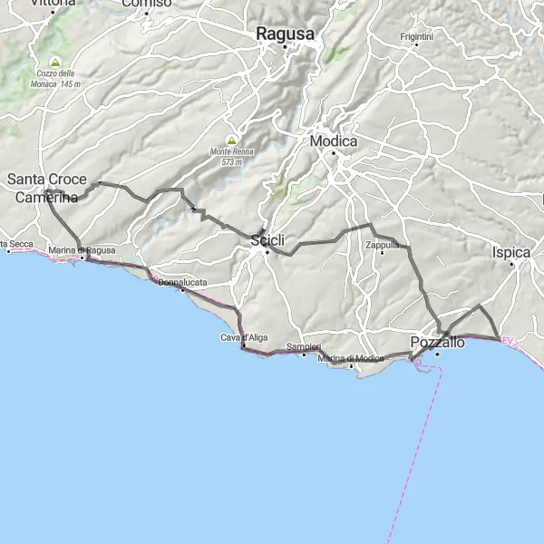 Miniatura della mappa di ispirazione al ciclismo "Tour panoramico della costa siciliana in bicicletta" nella regione di Sicilia, Italy. Generata da Tarmacs.app, pianificatore di rotte ciclistiche