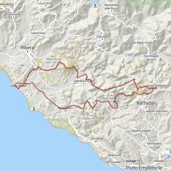 Miniatura della mappa di ispirazione al ciclismo "Gravel di Monte del Lupo" nella regione di Sicilia, Italy. Generata da Tarmacs.app, pianificatore di rotte ciclistiche