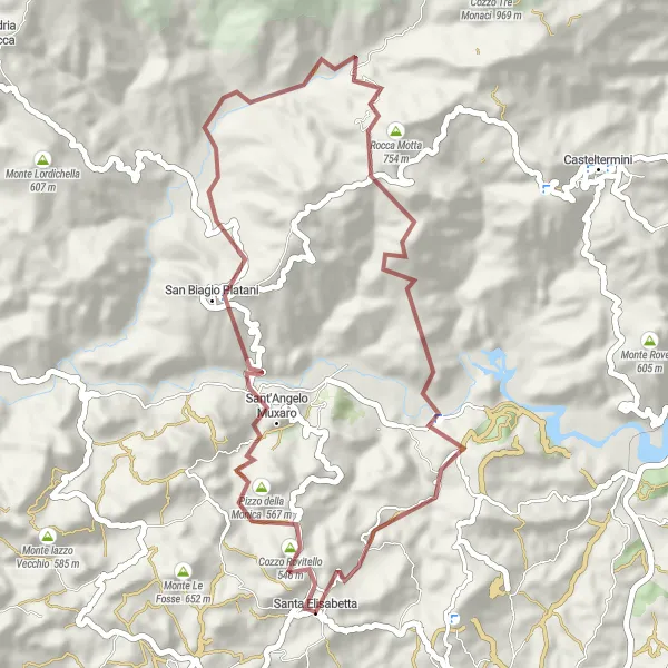 Miniatura della mappa di ispirazione al ciclismo "Gravel di Sant'Angelo Muxaro" nella regione di Sicilia, Italy. Generata da Tarmacs.app, pianificatore di rotte ciclistiche