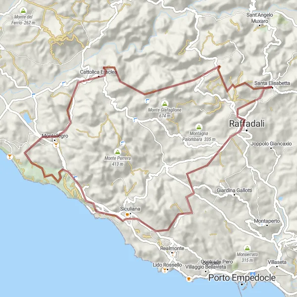 Map miniature of "Coastal and Countryside Escape" cycling inspiration in Sicilia, Italy. Generated by Tarmacs.app cycling route planner