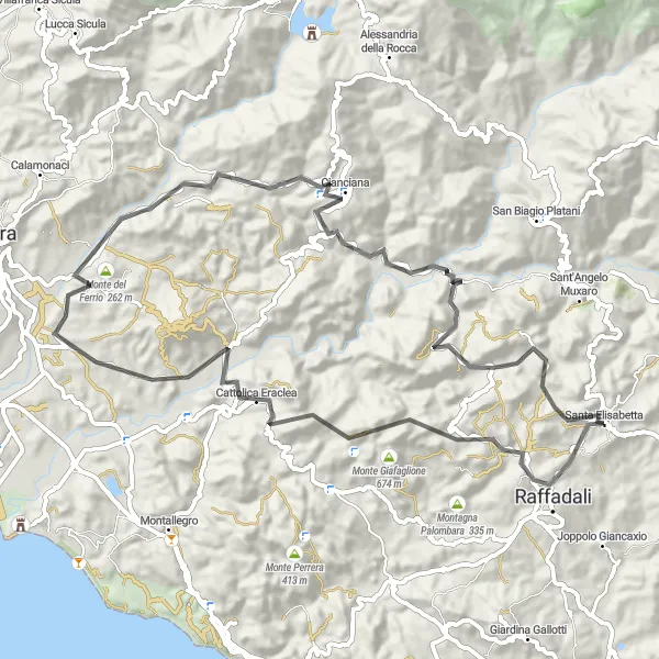 Map miniature of "The Raffadali Road" cycling inspiration in Sicilia, Italy. Generated by Tarmacs.app cycling route planner