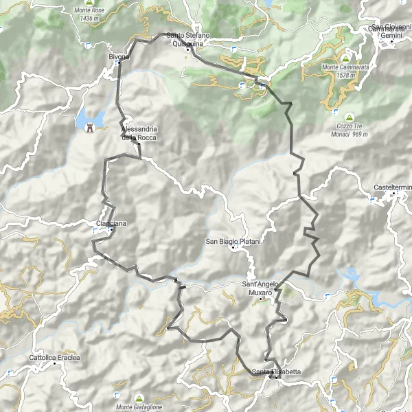 Miniatura della mappa di ispirazione al ciclismo "Road tra Monti e Colline" nella regione di Sicilia, Italy. Generata da Tarmacs.app, pianificatore di rotte ciclistiche