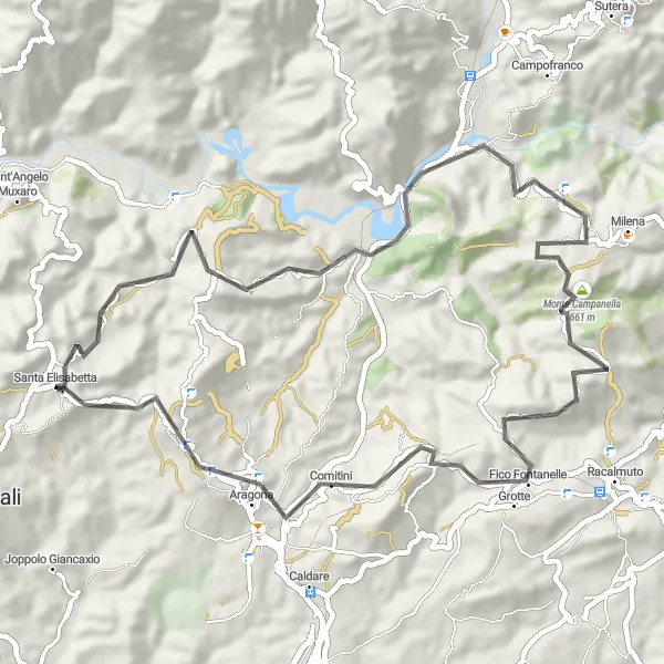 Miniatura della mappa di ispirazione al ciclismo "Strada delle Colline Sicane" nella regione di Sicilia, Italy. Generata da Tarmacs.app, pianificatore di rotte ciclistiche