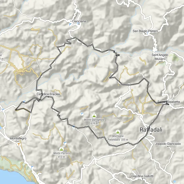 Map miniature of "Raffadali and Beyond" cycling inspiration in Sicilia, Italy. Generated by Tarmacs.app cycling route planner