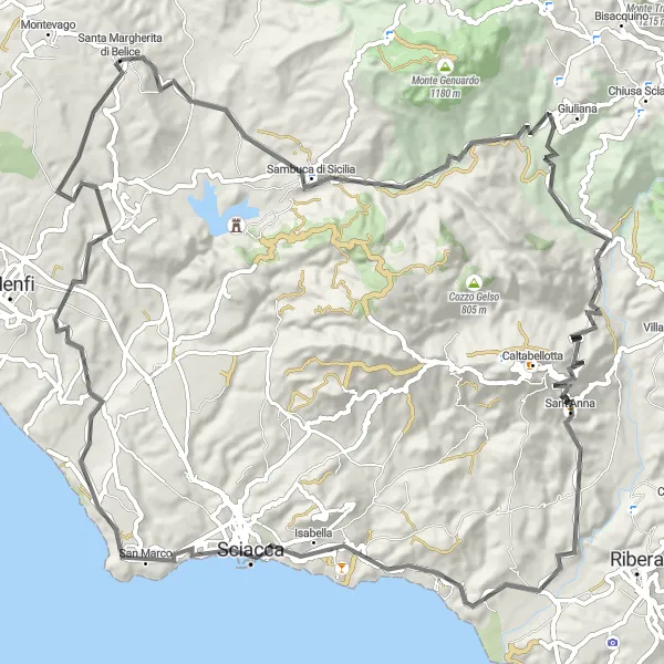 Map miniature of "Roads of Sicilia" cycling inspiration in Sicilia, Italy. Generated by Tarmacs.app cycling route planner