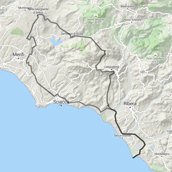 Map miniature of "Sicilian Countryside and Historic Sites" cycling inspiration in Sicilia, Italy. Generated by Tarmacs.app cycling route planner