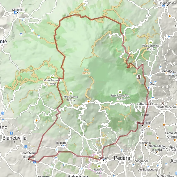 Miniatura della mappa di ispirazione al ciclismo "Scoperta dei Monti Etna in Mountain Bike" nella regione di Sicilia, Italy. Generata da Tarmacs.app, pianificatore di rotte ciclistiche