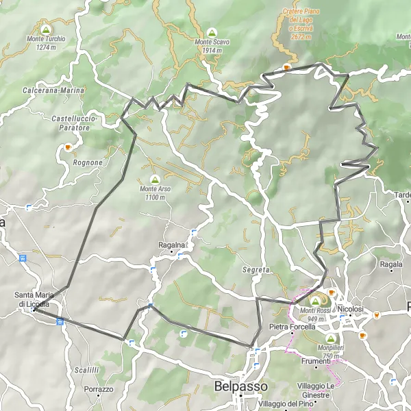 Miniatura della mappa di ispirazione al ciclismo "Avventura in bicicletta da Santa Maria di Licodia ai Monti Rossi" nella regione di Sicilia, Italy. Generata da Tarmacs.app, pianificatore di rotte ciclistiche