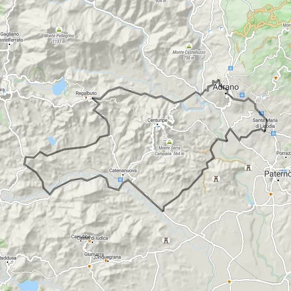 Map miniature of "Road Challenge around Santa Maria di Licodia" cycling inspiration in Sicilia, Italy. Generated by Tarmacs.app cycling route planner