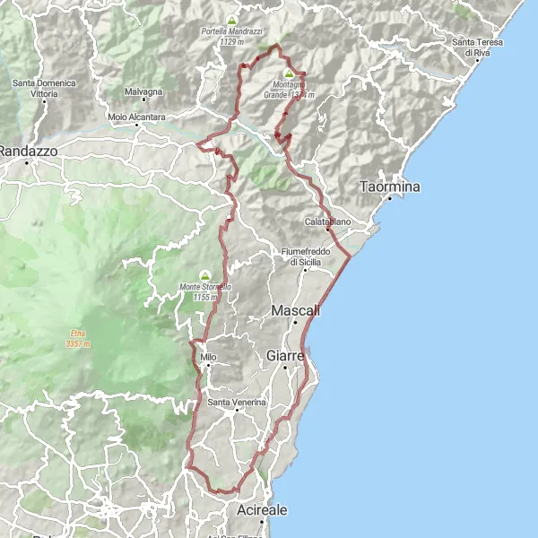 Map miniature of "The Gravel Odyssey" cycling inspiration in Sicilia, Italy. Generated by Tarmacs.app cycling route planner