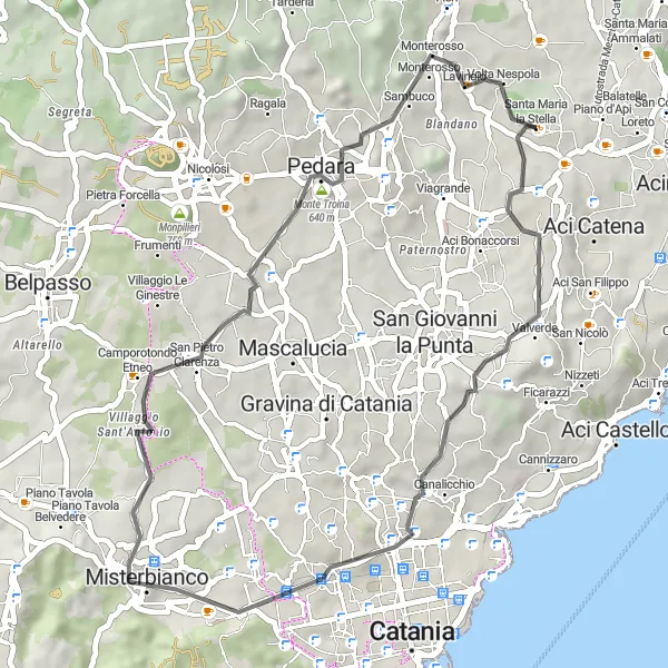 Miniatura della mappa di ispirazione al ciclismo "Giro in bicicletta da Santa Maria la Stella a Pedara" nella regione di Sicilia, Italy. Generata da Tarmacs.app, pianificatore di rotte ciclistiche