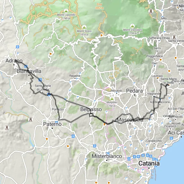 Miniatura della mappa di ispirazione al ciclismo "Circuito in bicicletta da Santa Maria la Stella a Tremestieri Etneo" nella regione di Sicilia, Italy. Generata da Tarmacs.app, pianificatore di rotte ciclistiche