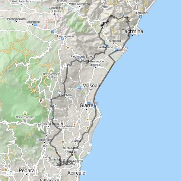 Miniatura della mappa di ispirazione al ciclismo "Tour in bici tra Monte Scuderi e Riposto" nella regione di Sicilia, Italy. Generata da Tarmacs.app, pianificatore di rotte ciclistiche