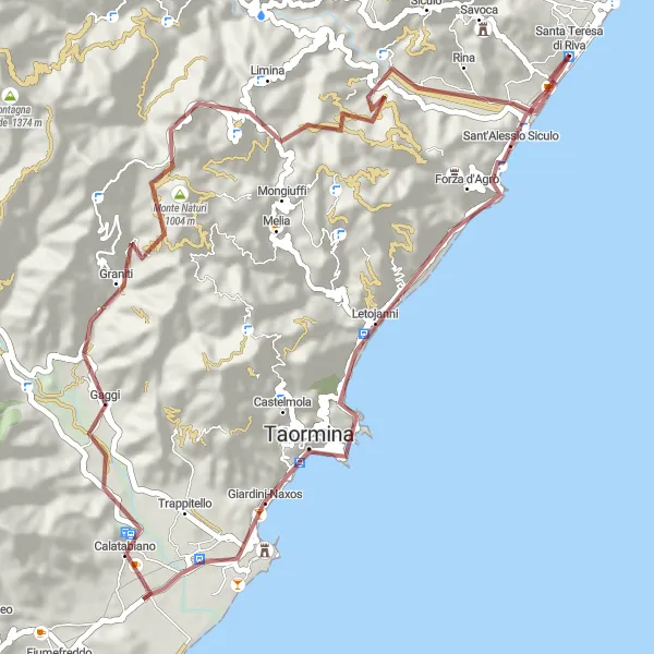 Miniatura della mappa di ispirazione al ciclismo "Giro in Gravel tra Santa Teresa di Riva e Cantone" nella regione di Sicilia, Italy. Generata da Tarmacs.app, pianificatore di rotte ciclistiche