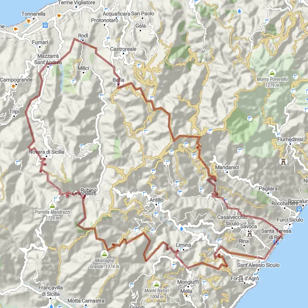 Map miniature of "Ultimate Gravel Challenge: Novara di Sicilia" cycling inspiration in Sicilia, Italy. Generated by Tarmacs.app cycling route planner