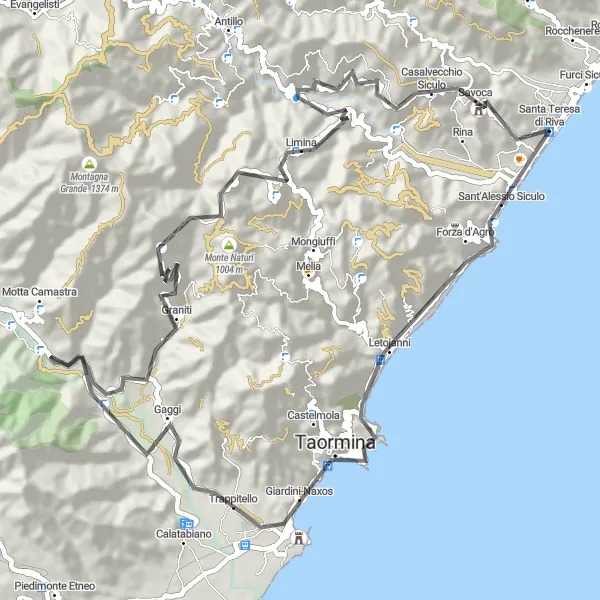 Miniatura della mappa di ispirazione al ciclismo "Tour Road da Taormina a Casalvecchio Siculo" nella regione di Sicilia, Italy. Generata da Tarmacs.app, pianificatore di rotte ciclistiche