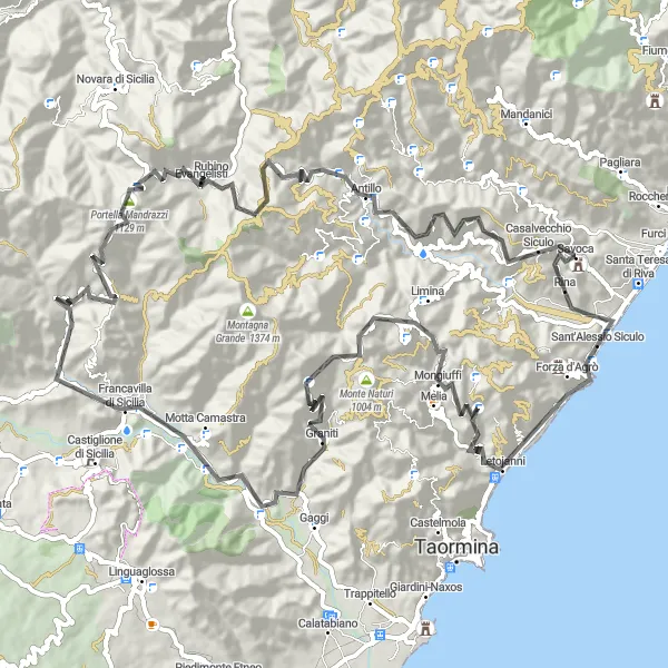 Map miniature of "Pietrabianca Loop" cycling inspiration in Sicilia, Italy. Generated by Tarmacs.app cycling route planner