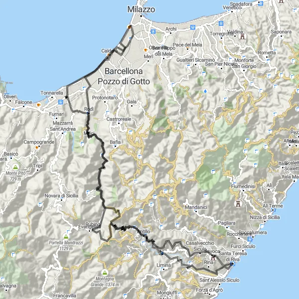 Miniatura della mappa di ispirazione al ciclismo "Tour Panoramico attraverso Savoca e Santa Teresa di Riva" nella regione di Sicilia, Italy. Generata da Tarmacs.app, pianificatore di rotte ciclistiche