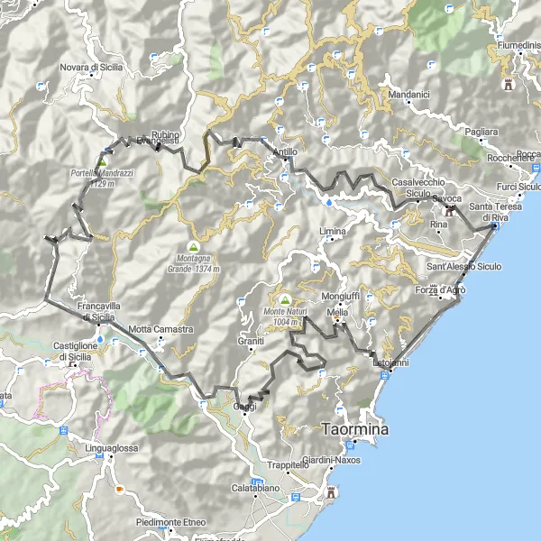 Miniatura della mappa di ispirazione al ciclismo "Tour Avvincente da Sant'Alessio Siculo a Savoca" nella regione di Sicilia, Italy. Generata da Tarmacs.app, pianificatore di rotte ciclistiche