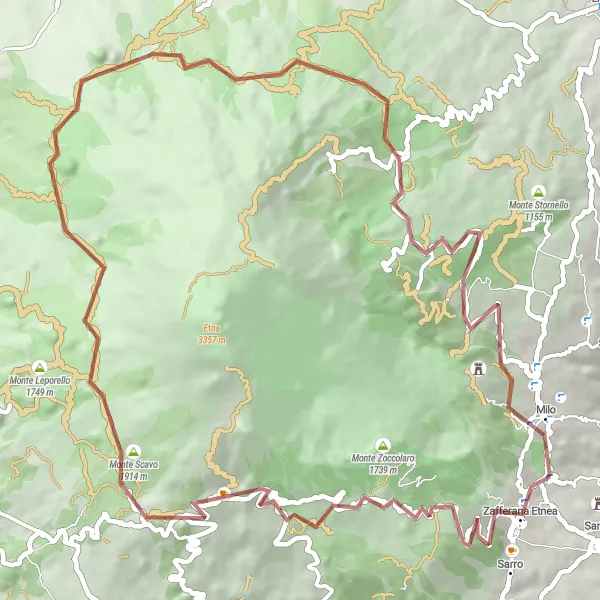 Map miniature of "The Secret Treasures of Zafferana Etnea, Monte Arcimis, and Pagghiaro Forestale" cycling inspiration in Sicilia, Italy. Generated by Tarmacs.app cycling route planner