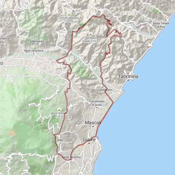 Miniatura della mappa di ispirazione al ciclismo "Avventura in gravel tra Zafferana Etnea e Giarre" nella regione di Sicilia, Italy. Generata da Tarmacs.app, pianificatore di rotte ciclistiche