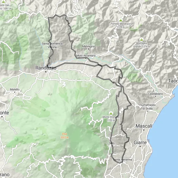Miniatura della mappa di ispirazione al ciclismo "Tour in bicicletta tra Santa Venerina e Randazzo" nella regione di Sicilia, Italy. Generata da Tarmacs.app, pianificatore di rotte ciclistiche