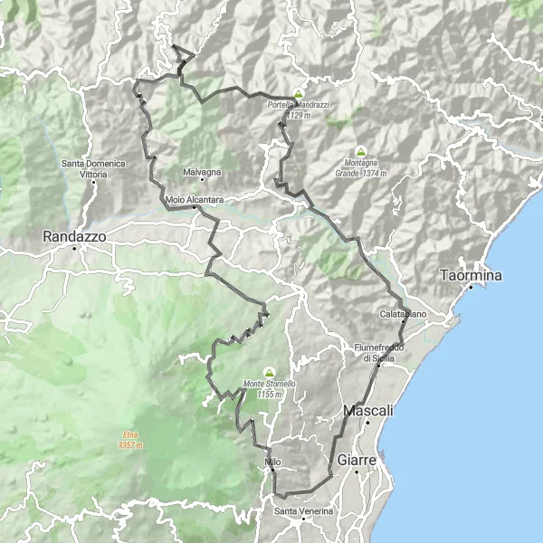 Map miniature of "The Challenge of Fornazzo, Secondo Monte, Monte Fallacca, and Solicchiata" cycling inspiration in Sicilia, Italy. Generated by Tarmacs.app cycling route planner