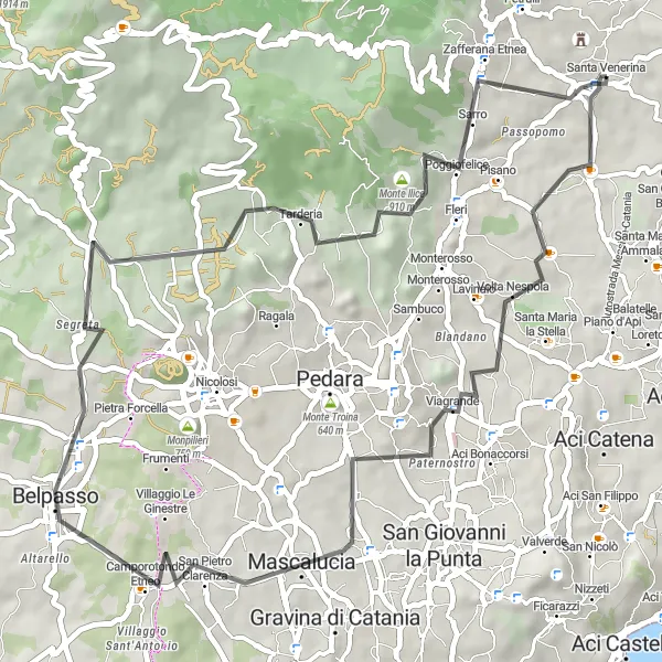 Miniatura della mappa di ispirazione al ciclismo "Giro in bicicletta Santa Venerina - Zafferana Etnea" nella regione di Sicilia, Italy. Generata da Tarmacs.app, pianificatore di rotte ciclistiche