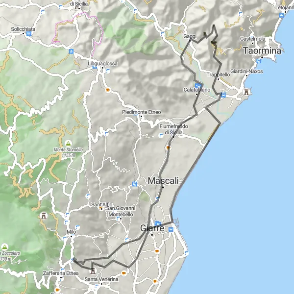 Miniatura della mappa di ispirazione al ciclismo "Tour in bicicletta tra Santa Venerina e Gaggi" nella regione di Sicilia, Italy. Generata da Tarmacs.app, pianificatore di rotte ciclistiche