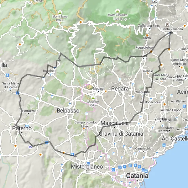 Miniatura della mappa di ispirazione al ciclismo "Giro in bicicletta tra Santa Venerina e Paternò" nella regione di Sicilia, Italy. Generata da Tarmacs.app, pianificatore di rotte ciclistiche