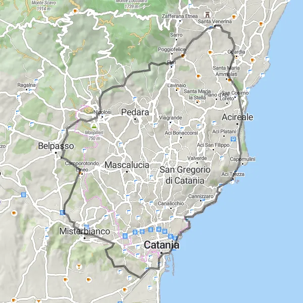 Map miniature of "Santa Venerina Round-Trip" cycling inspiration in Sicilia, Italy. Generated by Tarmacs.app cycling route planner