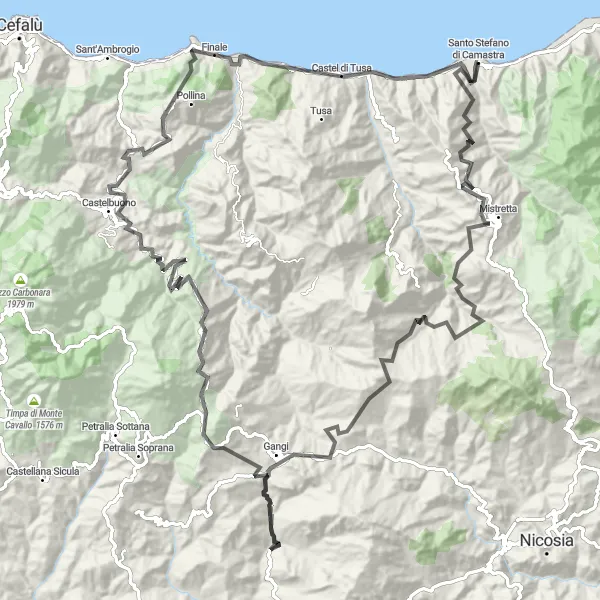 Miniatura della mappa di ispirazione al ciclismo "Giro dei Monti Nebrodi in Bicicletta" nella regione di Sicilia, Italy. Generata da Tarmacs.app, pianificatore di rotte ciclistiche