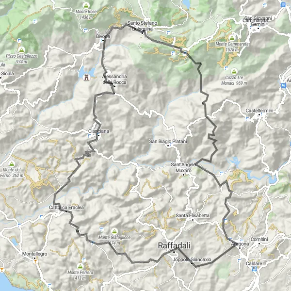 Miniatura della mappa di ispirazione al ciclismo "Giro in bici da Santo Stefano Quisquina a Cianciana" nella regione di Sicilia, Italy. Generata da Tarmacs.app, pianificatore di rotte ciclistiche