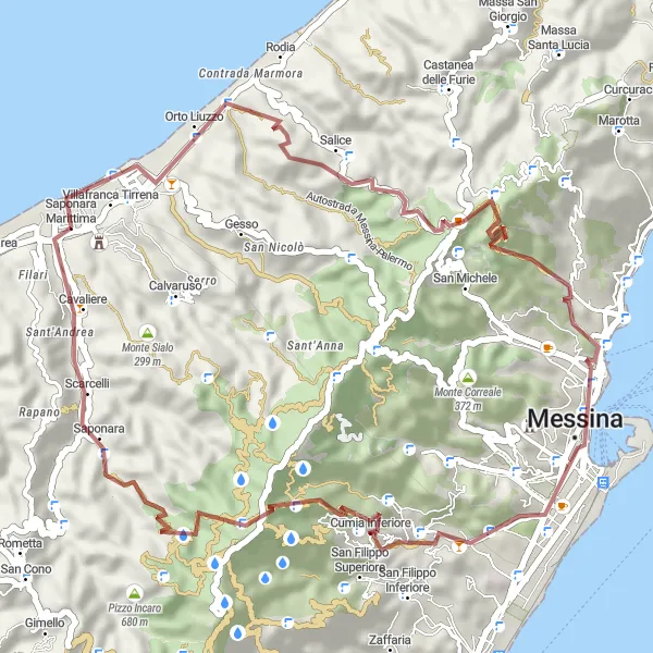 Map miniature of "Mountain Escape in Saponara" cycling inspiration in Sicilia, Italy. Generated by Tarmacs.app cycling route planner